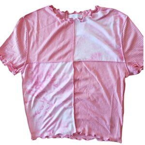 Women's Tie Dye Color Block Lettuce Edge Multi Color Pink Cropped Top SZ: Large